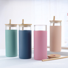 20oz Glass Tumbler Glass Water Bottle Straw Silicone Protective Sleeve Bamboo Lid BPA Free bamboo water glass bottle